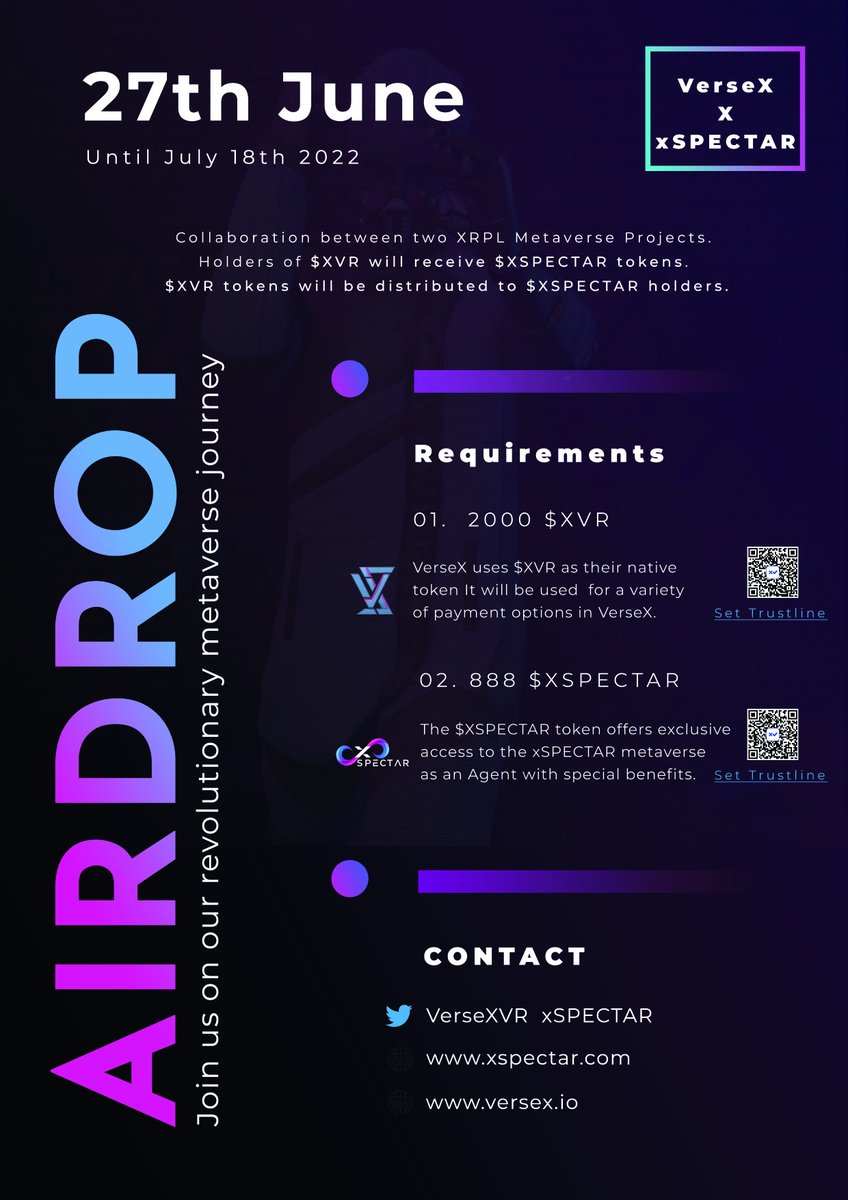 xSPECTAR's tweet photo. This Monday we will have the second airdop together with @VerseXVR! Make sure you have both thrustlines and hold 888 XSPECTAR and 2,000 $XVR to receive both drops! https://t.co/guJM6qgIgJ