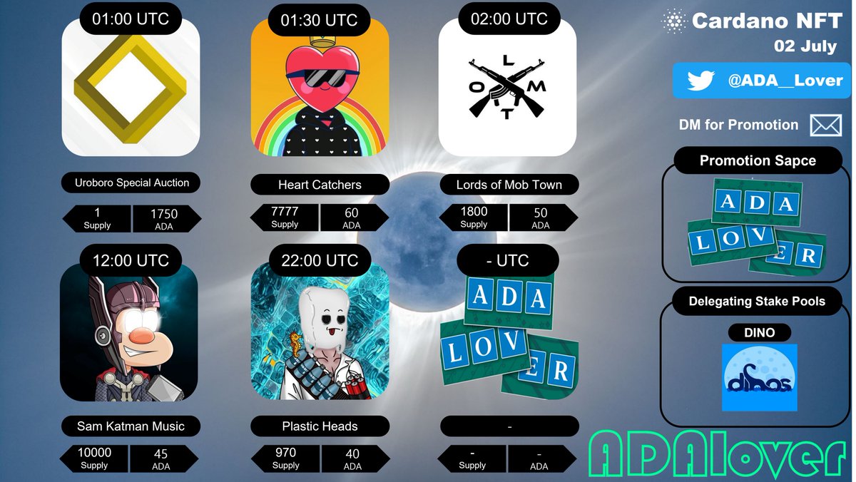 🚨#CNFTdrops🚨
0⃣2⃣July

1.<a href="/Fabul_Art/">Fabul.art</a> 

2.<a href="/HeartCatcherNft/">HeartCatchersCNFT</a>

3.<a href="/LOMTNFT/">Lords of Importation Battle Towns in MAAS</a>

4.<a href="/HeroesMixed/">MixedHeroes - CNFTs with superpowers</a> 

5.@PaperheadClub

- Stake Pool -
<a href="/SPO_DINO/">DINO 🇰🇷 Cardano SPO & DRep</a>

#CNFTCommunity #CNFT #CNFTs #CardanoNFT #CardanoCommunity #Cardano #ADA