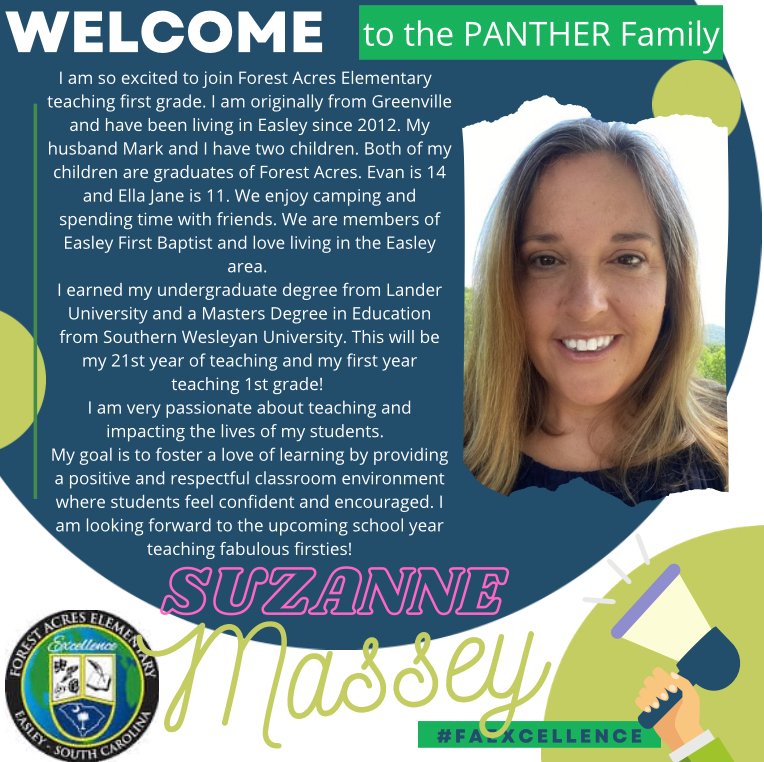 ForestAcresElem's tweet photo. Countdown to Kickoff the 2022-2023 school year...Check out our new staff introduction for today and join us in welcoming Mrs. Suzanne Massey to the Forest Acres Elementary family! https://t.co/P2DXGvPR1H