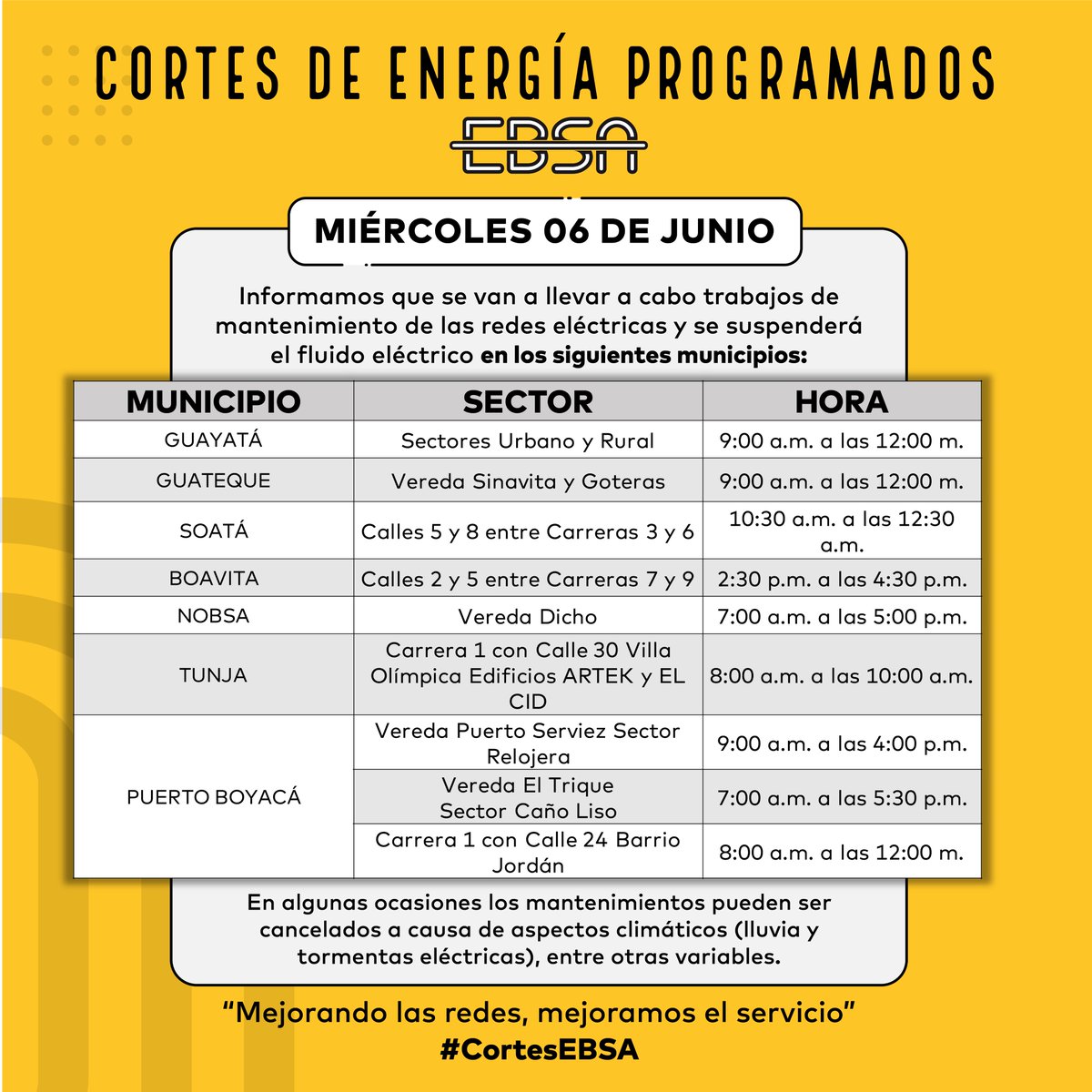 EBSApuraenergia's tweet photo. 🕯 #CortesEBSA ǁ Entérate de las suspensiones programadas por mantenimiento e instalación de redes #Miercoles 06 de Julio prográmate 🔦Infórmate: https://t.co/lzUp4LT1FA https://t.co/JPNz5qmPMg
