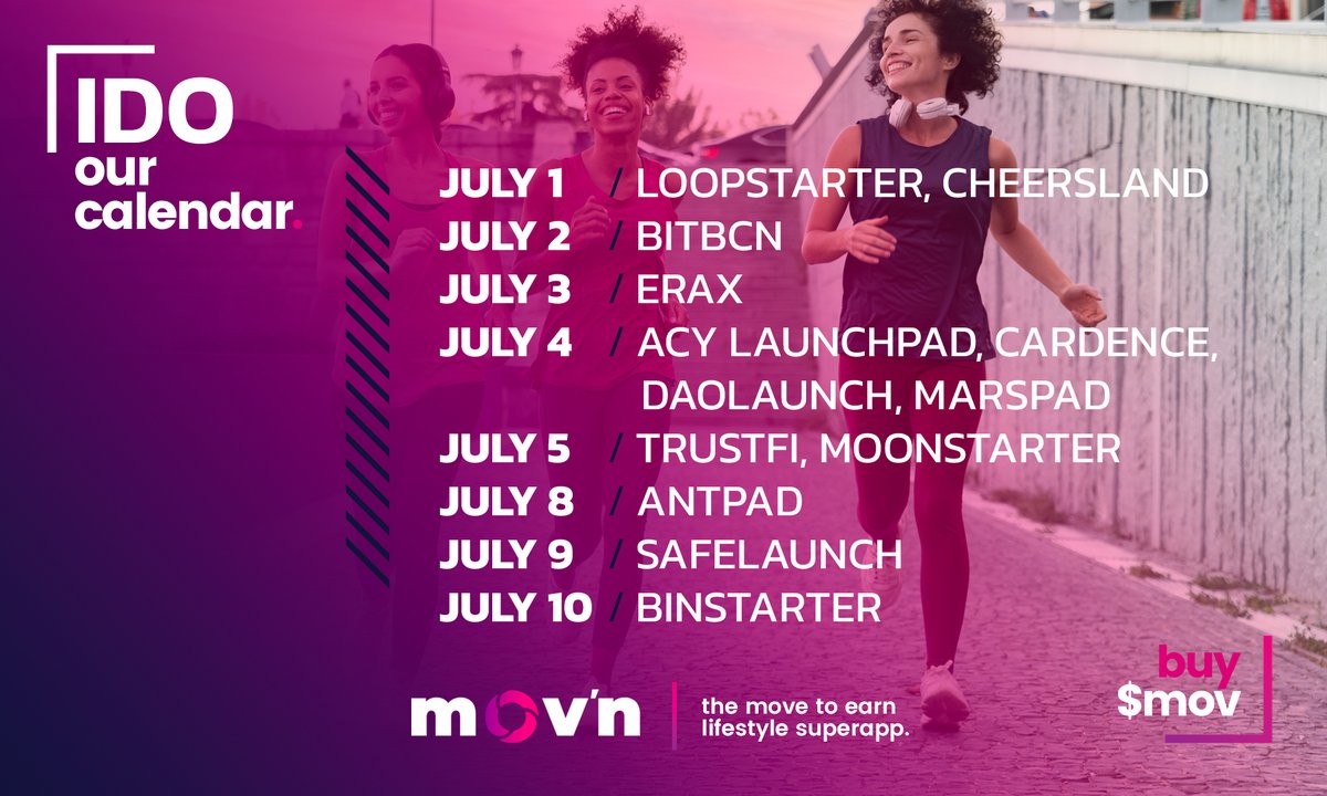 🇬🇧 Calendar of our $MOV IDO on launchpads.
🇪🇸 Calendario de nuestro IDO $MOV en las launchpads.
🇫🇷 Calendrier de notre IDO $MOV sur les launchpads.

BUY $MOV TODAY at $0.15 

#Move2Earn #MoveToEarn #M2E