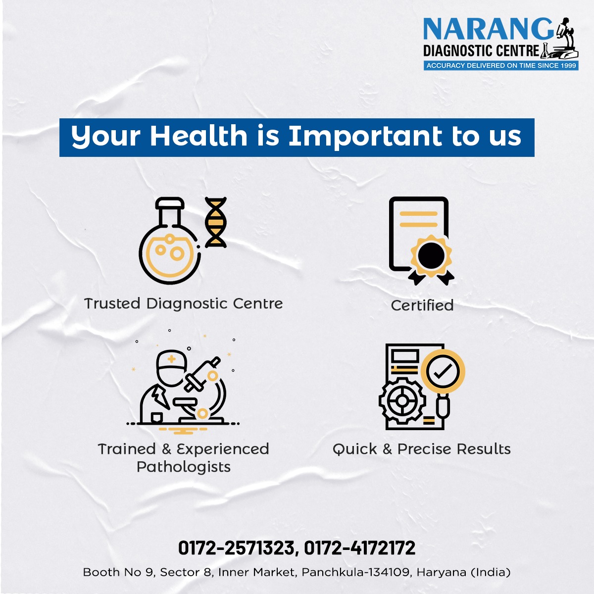 Your 𝐇𝐞𝐚𝐥𝐭𝐡 is important to us

✔️Trusted #diagnosticcentre
✔️ Certified 
✔️ Trained & experienced pathologists
✔️ Quick & precise results

Book your 𝐇𝐞𝐚𝐥𝐭𝐡 𝐂𝐡𝐞𝐜𝐤-𝐮𝐩 - 0172-2571323 or 0172-4172172

#Accuratereports #Healthcheckup #Trusteddiagnosticcentre