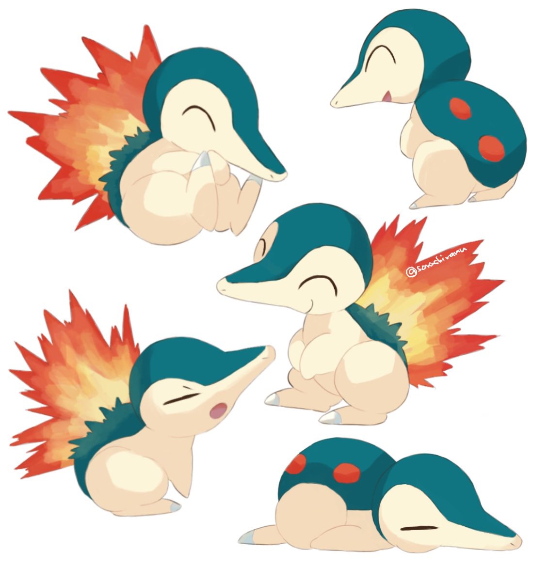 cyndaquil closed eyes pokemon (creature) no humans fire open mouth smile multiple views  illustration images