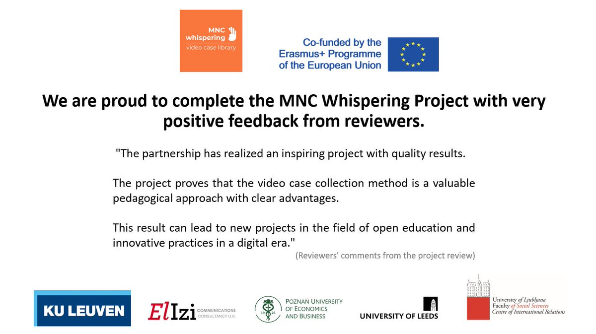 We are proud to complete <a href="/MncWhispering/">MNCWhispering</a> with very positive feedback from reviewers, who described the project as #innovative, #inspiring, well-managed, having a #StrongMethodology (developed by partners), and providing excellent #quality and #inclusive outputs.
#Erasmusplus #OER