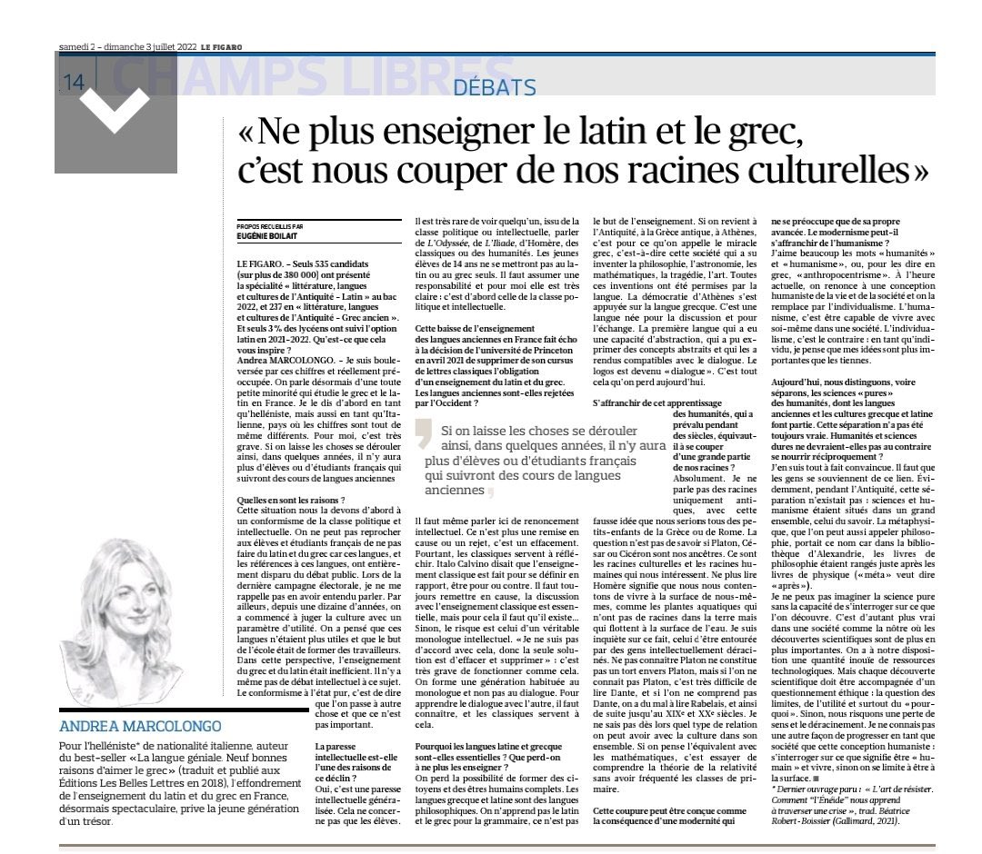 AndreaMarcolong's tweet photo. Ma réflexion aujourd’hui dans @Le_Figaro. Toujours au nom de l’amour et du respect des langues anciennes. https://t.co/JciVJT5CID