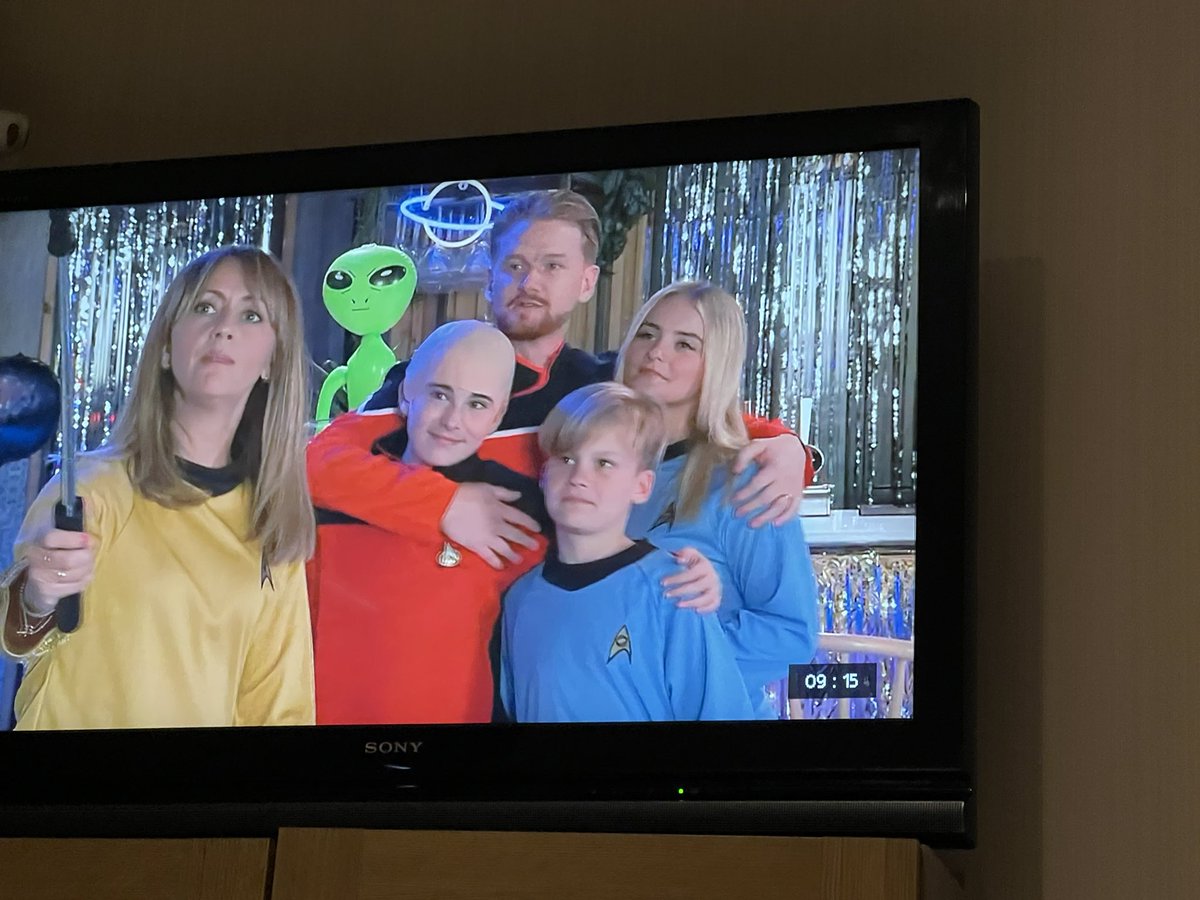 Ewanjames's tweet photo. When Star Trek meets Coronation Street. Loved the cosplay at Liam’s themed party! Even a Lower Decks uniform made an appearance! #StarTrek #StarTrekLowerDecks #coronationstreet https://t.co/FtdaFjFK7g