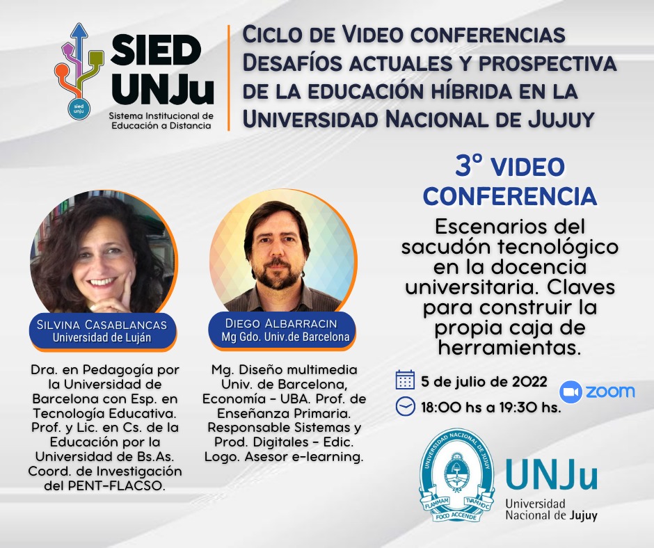 📌 Agenda la 3° Videoconferencia! 
<a href="/Silvinacasab/">Silvina Casablancas</a> y Diego Albarracín con "los nuevos escenarios del sacudón tecnológico en la docencia universitaria y las claves para construir la propia caja de herramientas".
👉 5 de julio - 18hs, para docentes de la #UNJu.
#FormaciónDocente