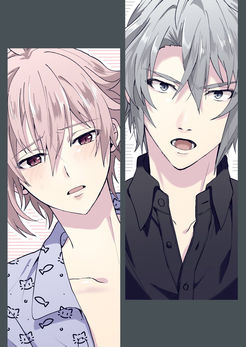 multiple boys 2boys male focus pink hair open mouth grey hair grey eyes  illustration images