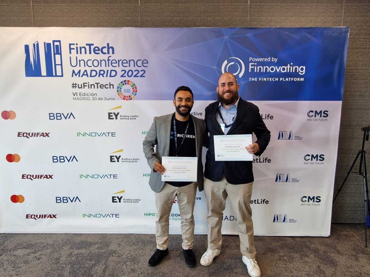 Brickken's tweet photo. Hello 👋🏻 Brickkeneers..!  

We're proud to announce, that two of @BrickkenSTO C level management Felipe A D'onofrio and Pedro Sandoval have been awarded as top fintech leader in 2022  FinTech Unconference Madrid 2022!

#BrickkenSto #uFintech https://t.co/bhZxhngRyi