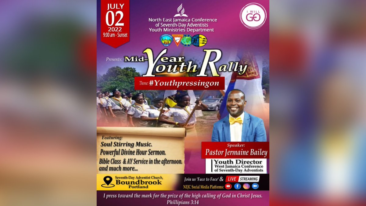NEJCSDA's tweet photo. Happy Sabbath!!!
Join us today for our Mid Year Youth Rally under theme "Youth Pressing On"  

Click the link at 9:15
 https://t.co/REoWyaerA4 https://t.co/C0aBkimEMV