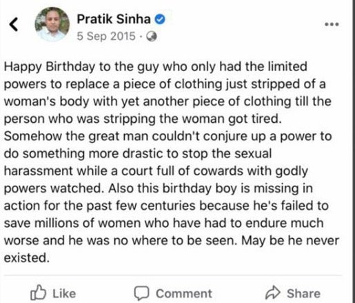 AngrySaffron's tweet image. Remember, he didn&apos;t do this recently but years ago. And, not one hair of his body has been touched - not that he has much hair anyways.

Our laziness in reacting to such posts, gives them the confidence that nothing ever would happen to them.

#ArrestPratikSinha #ReactLikeMuslims
