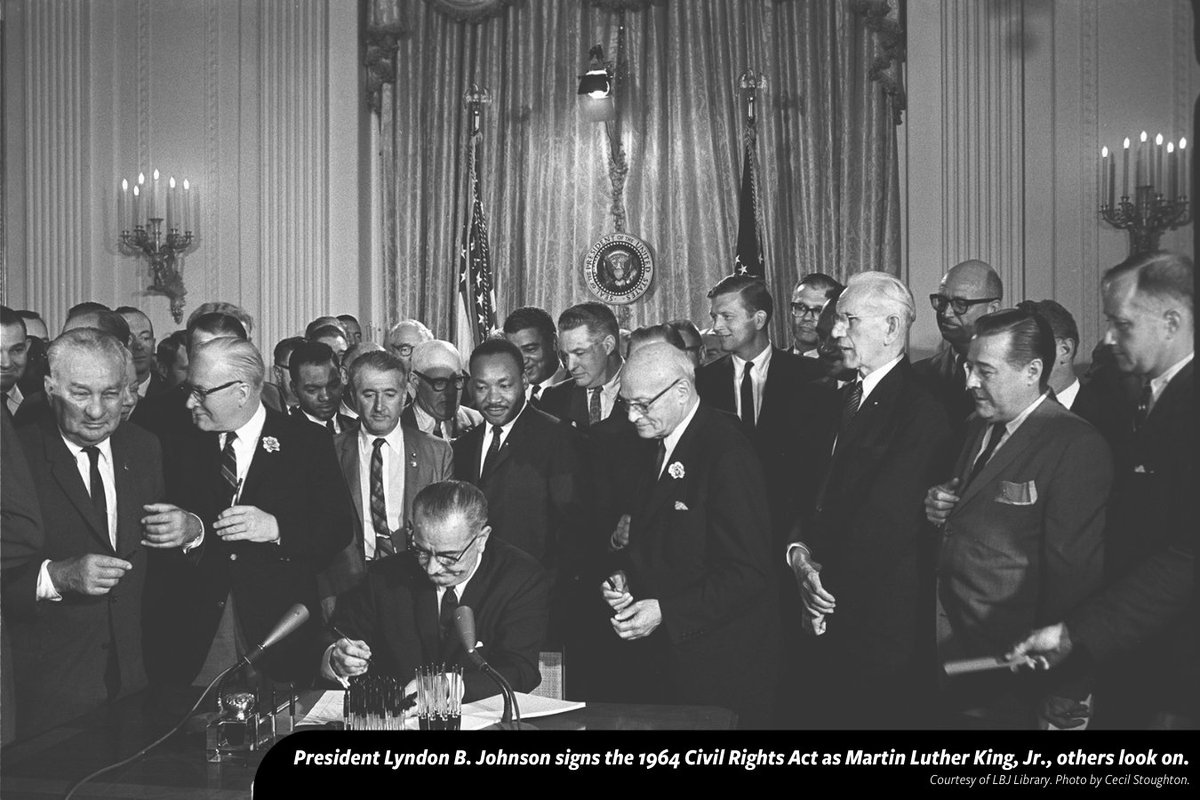 #OnThisDay in 1964, President Lyndon B. Johnson signed the 1964 Civil Rights Act into law as Martin Luther King, Jr. and others looked on. #APeoplesJourney