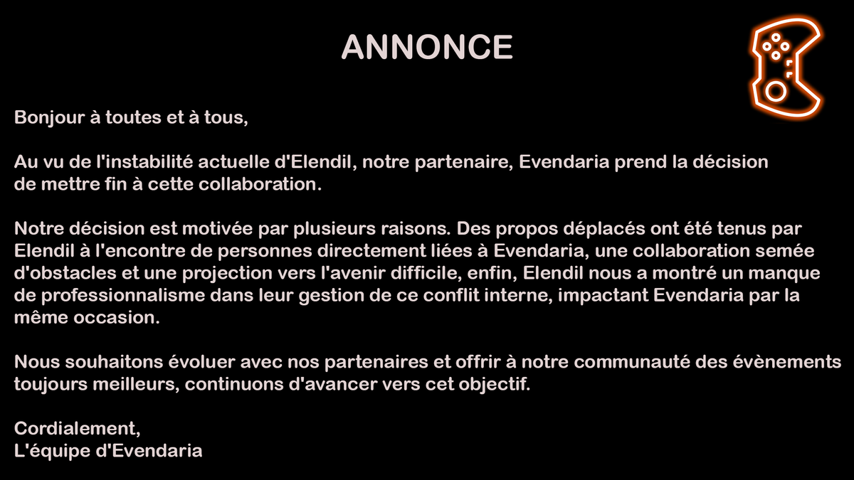 evendaria's tweet photo. 📢 Nous mettons fin à notre partenariat avec Elendil. https://t.co/cdsYN50ObW