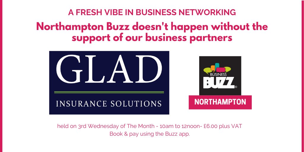 #NorthamptonBuzz does not happen without the support of our business partners. I should like to introduce you to <a href="/GladInsurance/">GladInsurance</a> who help <a href="/BizBuzzNhants/">Business Buzz Northamptonshire</a> bring you our no fuss #networking format to #Northampton &amp; #Northamptonshire
ow.ly/Dlfw30rRt71. #insurance