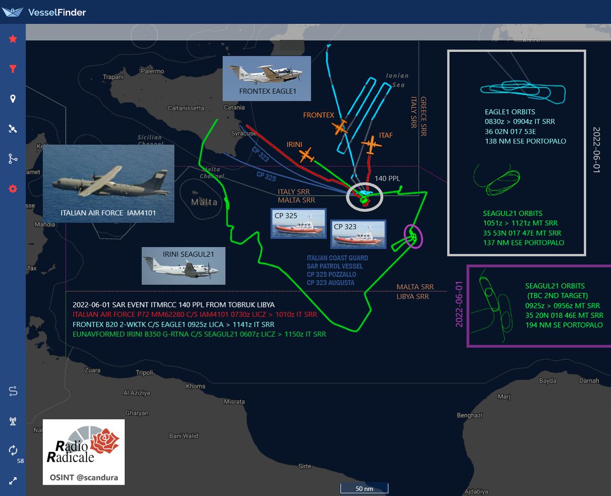 scandura's tweet photo. 📍 140 ca. partiti da Tobruk #Libia soccorsi da MRCC⚓️🇮🇹
📏138 miglia da Portopalo
Tre velivoli
🛩️Aeronautica🇮🇹
🛩️Frontex🇪🇺
🛩️Irini🇪🇺
Stanotte, siriani ed egiziani su due vedette: 70 su #CP325 a Pozzallo e gli altri su #CP323 ad Augusta.
👎 nessun comunicato @guardiacostiera https://t.co/5R2k0EtelA
