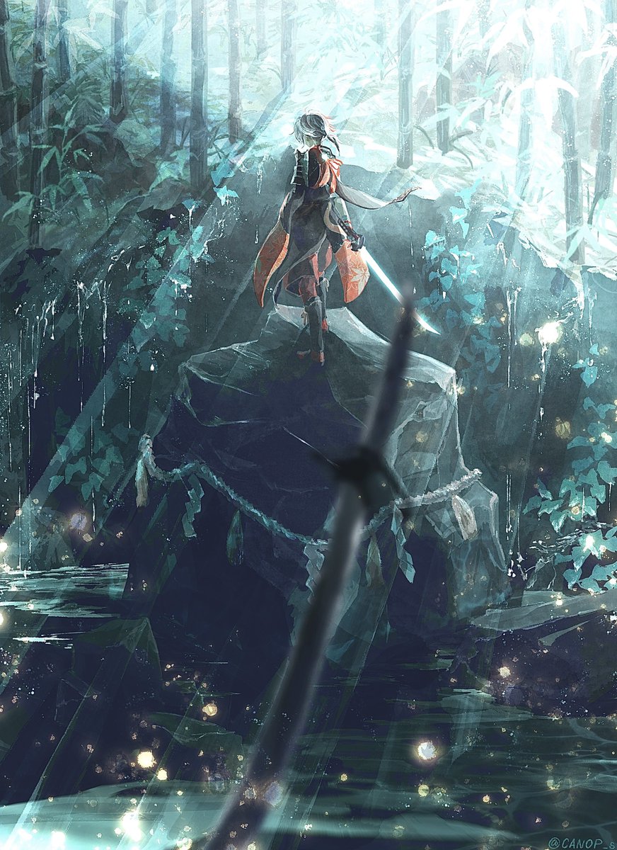 weapon sword nature solo forest 1boy standing  illustration images