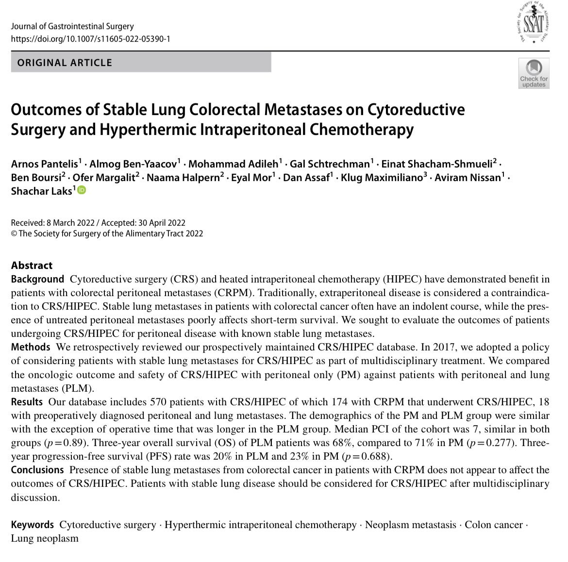 Great work led by <a href="/Israelisso/">Israeli Society of Surgical Oncology</a> member <a href="/LaksShachar/">shachar laks</a> on HIPEC on patients with stable lung nodules. <a href="/AviramNissan/">Aviram Nissan</a> <a href="/eyal_more/">Eyal Mor</a> <a href="/almogby2/">Almog Ben-Yaacov MD</a>.