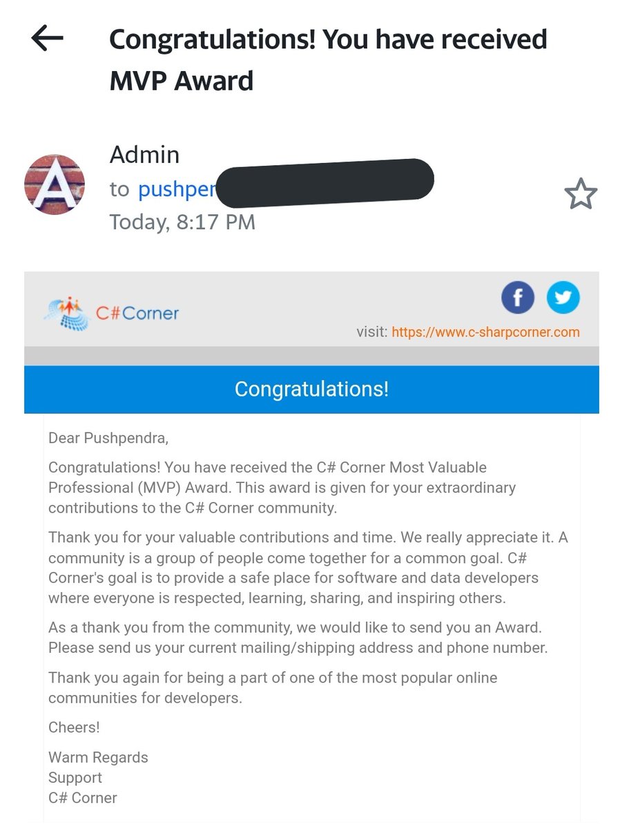 Thanks <a href="/CsharpCorner/">C# Corner</a> for recognizing my contribution.
MVP was my dream. I did lots of code copy paste code in 2013 from c# corner. I learned a lot from the csharp corner. 
<a href="/CsharpCorner/">C# Corner</a> site helped me a lot during my college final year major project and first job.

🙏