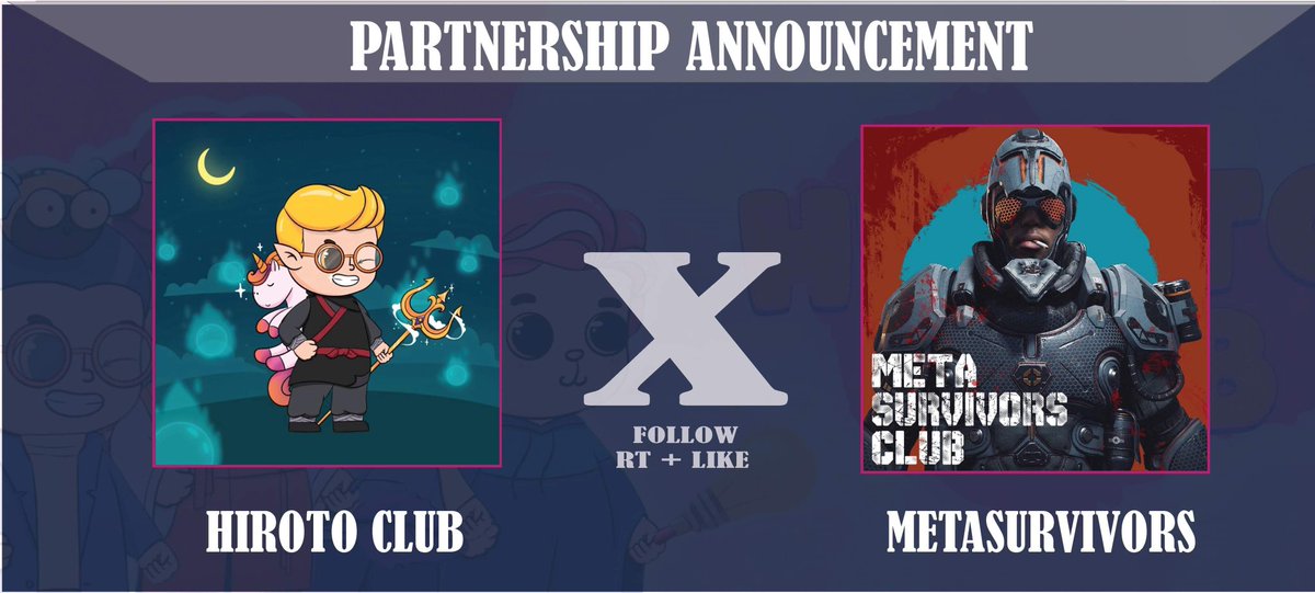 🌈 Celebrating our Partnership 🌈

🌔 Metasurvivors and Hiroto WL Giveaway 🌒

Prizes:
🪙 4x “Metasurvivor” and “Hiroto” WL spots

To Enter
1️⃣ Like &amp; RT
2️⃣ Follow <a href="/Hirotoclub/">Hiroto Club NFT l Sold Out!</a> <a href="/Meta_Survivors/">Meta Survivors Club NFT</a>
3️⃣ Tag 3 Friends

⏰ Winners in 24hrs
