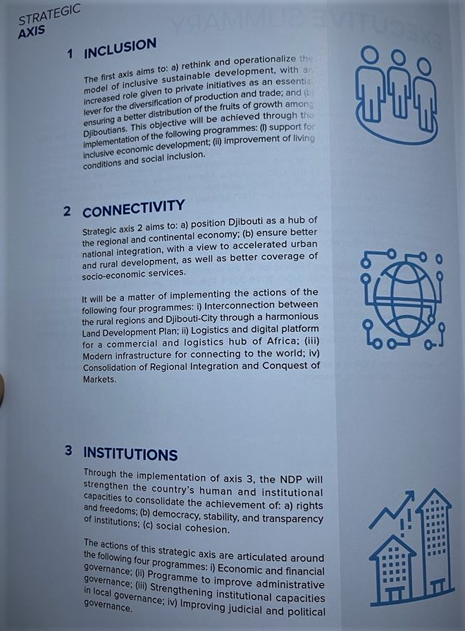 Abdirahman_Gaas's tweet photo. I'm reading #Djibouti #National_Development_Plan it has three pillars #Inclusion, #Connectivity, and #Institutions (ICI); I appreciate the movement and the people of Djibouti for these ambitious goals and its alignment with 2030 Agenda #SDGs, appreciate my colleague @fathiBashe https://t.co/vKuFKIQnyN