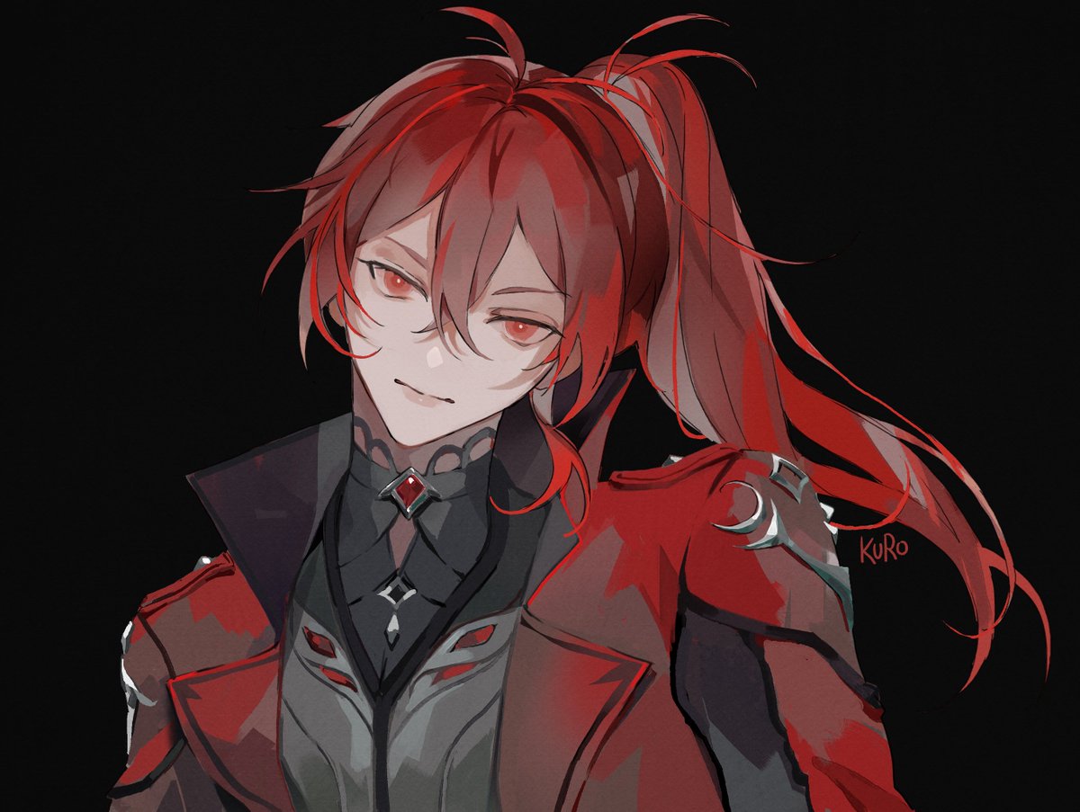 diluc (genshin impact) 1boy male focus red hair red eyes ponytail solo simple background  illustration images