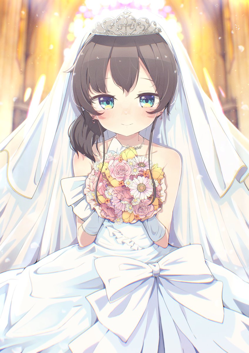 natsuiro matsuri 1girl dress wedding dress solo veil bouquet flower  illustration images