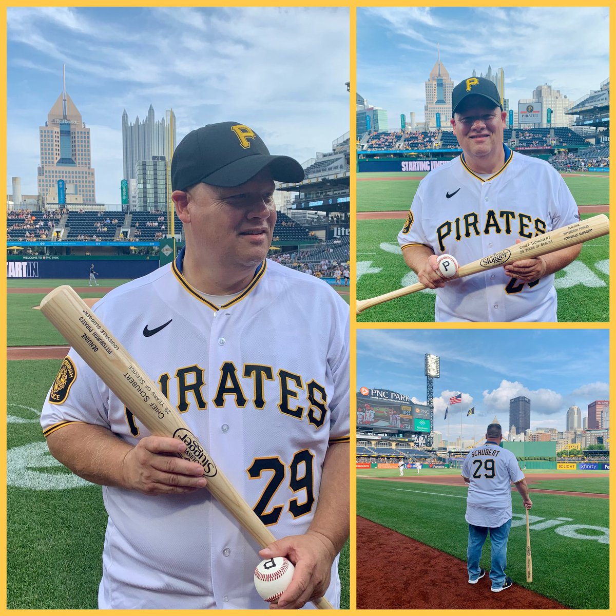 SESchubert412's tweet photo. Thank U to the @Pirates for making my last day with @PghPolice extra special. A wonderful evening with colleagues &amp; friends. I appreciate everything they’ve done for the PBP &amp; community over the years. Best view in the Burgh &amp; awesome fireworks. And i didn’t one hop the pitch. 🤣 https://t.co/g4591BgY2k