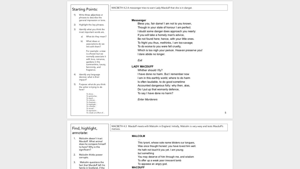 hanthethinks's tweet photo. Extract booklets for each act of Macbeth. Most of them have language analysis prompts, a few have questions. Scene by scene summaries at the start of each booklet and an outline of what is happening at the top of each page. #TeamEnglish @Team_English1  https://t.co/co3c27CAuo https://t.co/cR56oLJLcC