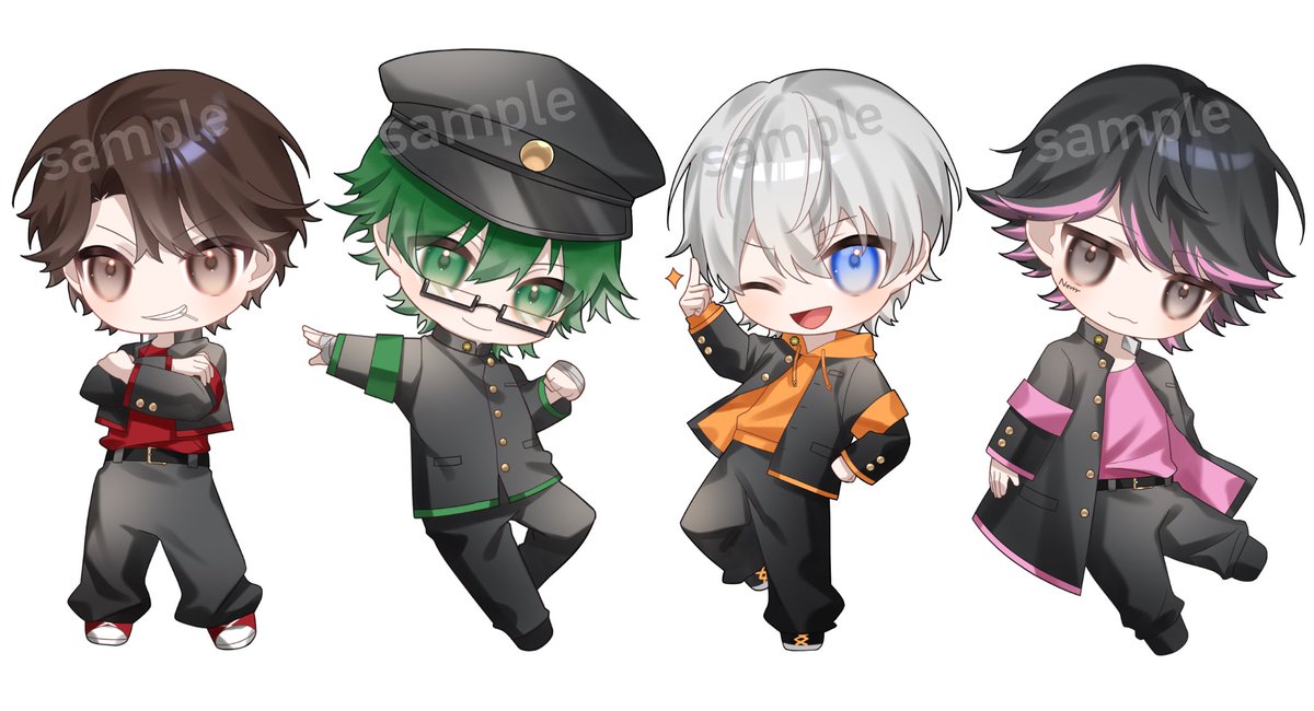 multiple boys male focus glasses green hair holding pink hair orange shirt  illustration images