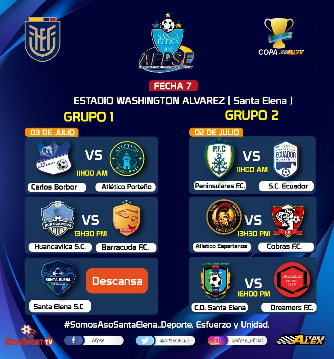 Programación de hoy y mañana en Ancón. 
Estadio Washington Álvarez 
7ma. Fecha del XXIV Campeonato Provincial de 2da. Categoría 2022 / "CopaÁlexTyres" ⚽⚽⚽⚽

- Ronda de Revanchas

#SomosAsoSantaElena...
Deporte, Esfuerzo y Unidad...