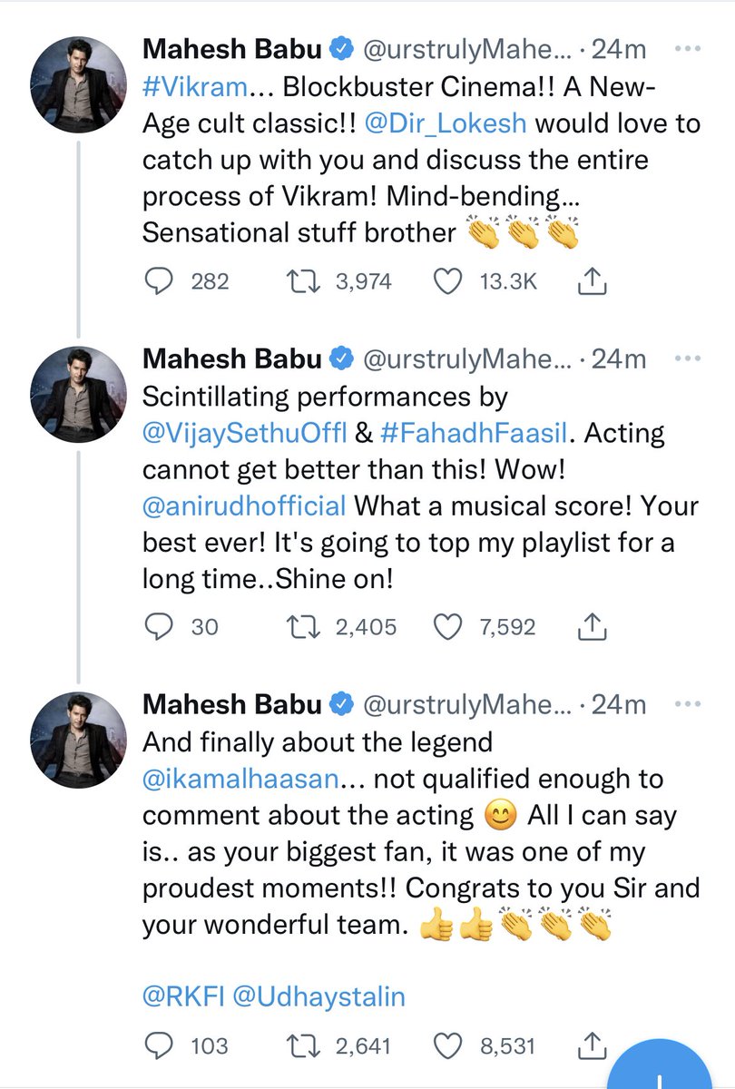 sekartweets's tweet photo. I always tell this ⁦@urstrulyMahesh⁩ has a heart of gold. He never shy away from praising any good film. His latest tweets about #Vikram! 👏👏👏 https://t.co/Cdq985v7qo