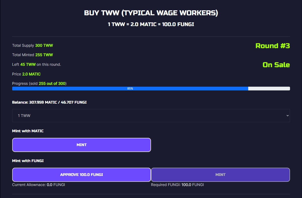 TeamFungibless's tweet photo. Round 3 Minting has begun. There are 45 left out of 100. This minting requires 2 MATIC per 1 TWW. Also 100 FUNGI can be exchanged for 1 TWW. FUNGI can be obtained as a reward per second by staking TWW. https://t.co/gGaS42X4Yg
#PolygonNFT #NFTCommunity #Mintingnow #NFTProject https://t.co/a1ZA0RuAAw
