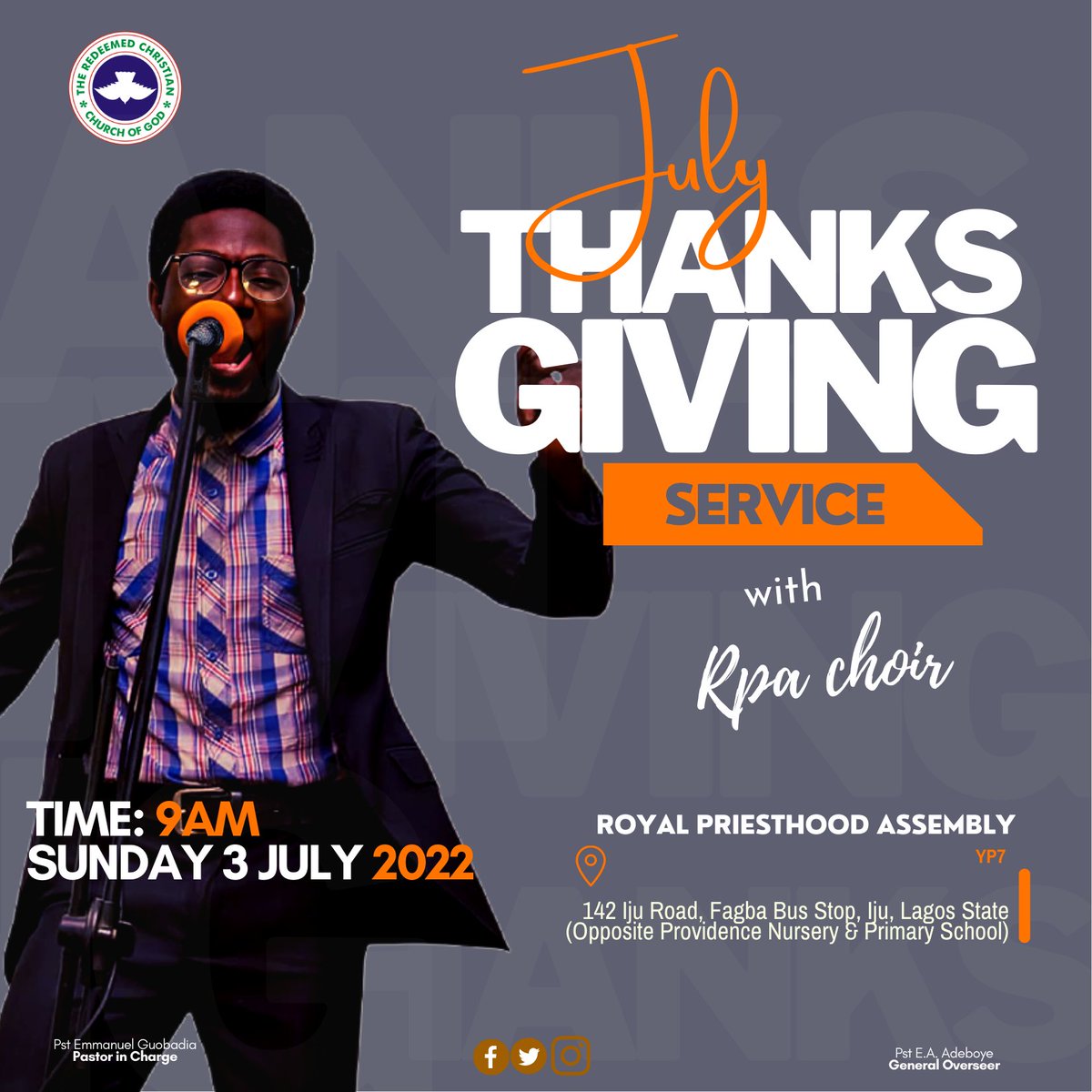 rccg_rpassembly's tweet photo. You are invited to our July Thanksgiving service. It is a time of rejoicing as we thank God for His faithfulness over the last 6 months.
Come as we celebrate God’s faithfulness.

#Thanksgiving #RCCG #July2022 https://t.co/CGJbiSh7Tr
