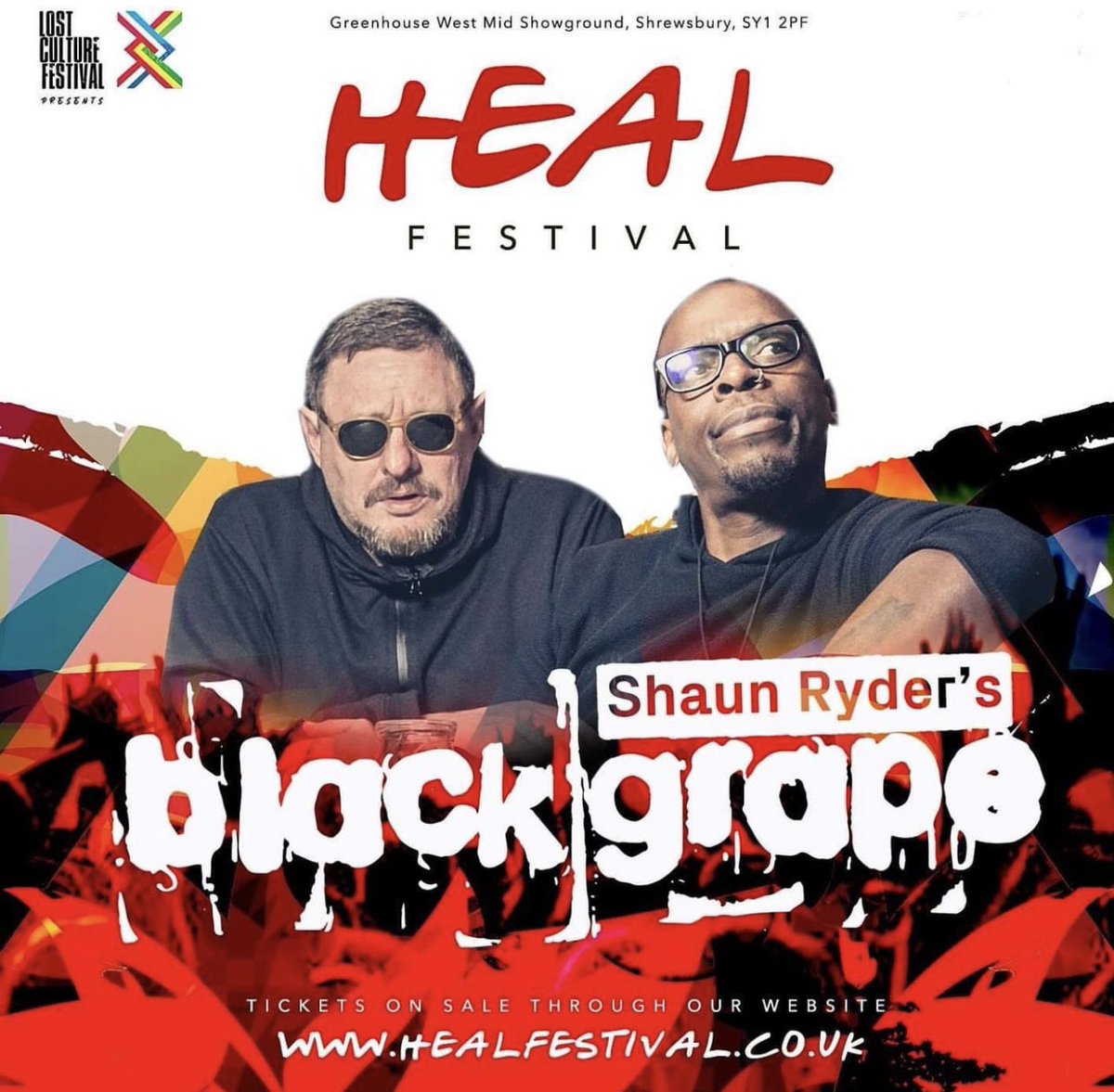 TONIGHT!!!  🙌🏻 😎 💜 🍇
.
Black Grape play Heal Festival West Midlands Showground in Shrewsbury on stage at 8.20pm!! 
.
Tickets:  healfestival.co.uk
.
#BlackGrape #ShaunRyder #KermitLeveridge #Livemusic #Gigs #Festival #MusicFestival #HealFestival #Shrewsbury