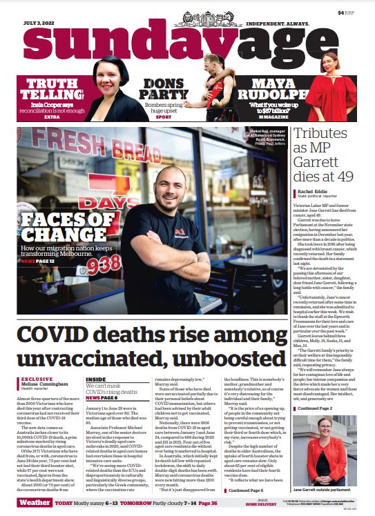 The Age front page for Sunday, July 3, 2022. Read more online: theage.com.au