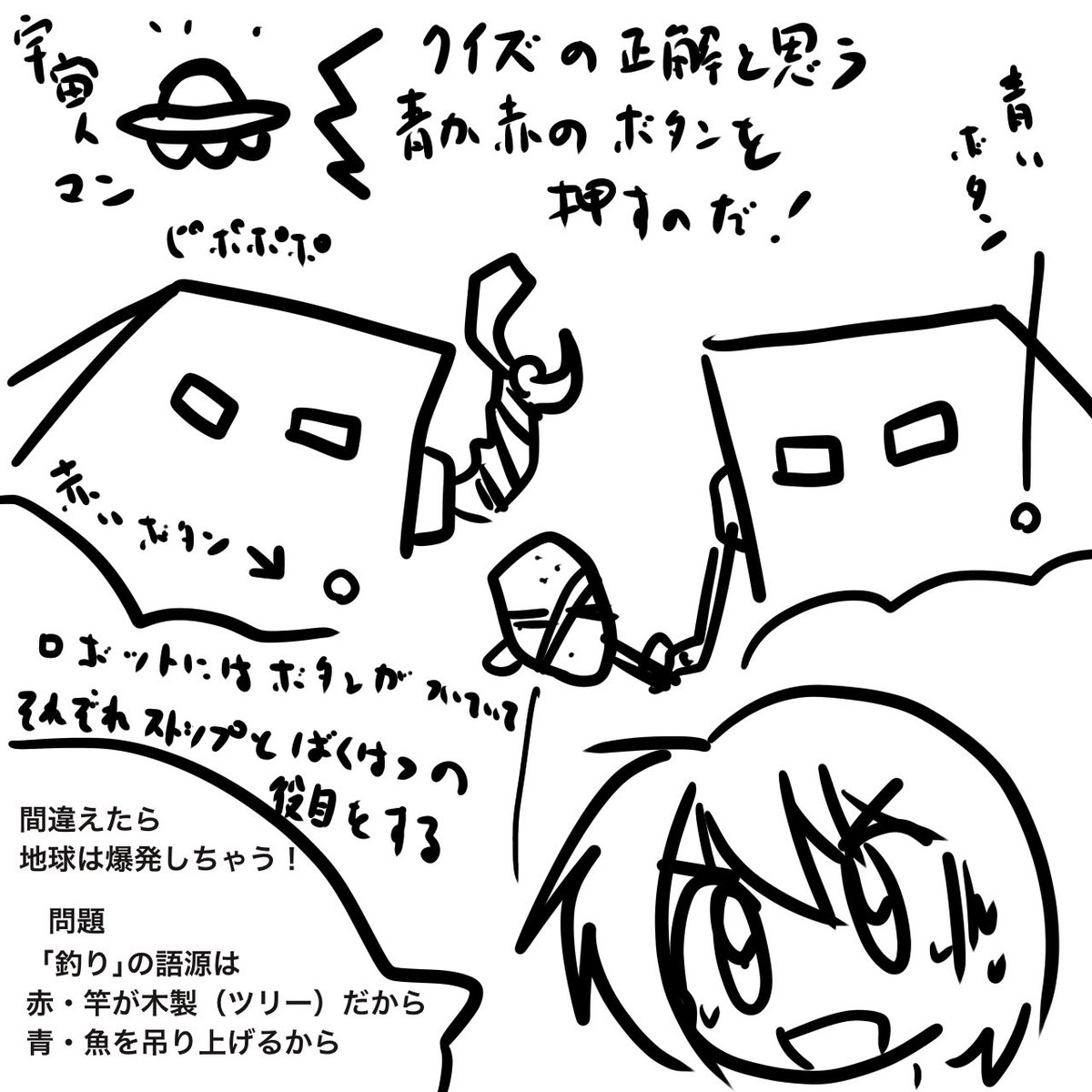 破壊しかしない暴れロボを操る宇宙人マンの出題する二択クイズに
ロボに付けられた赤か青のボタンを尻で押して解答することで
暴れロボを撃破するクイズゲームです。

どちらかが停止ボタンでもう一方が爆発ボタンです。

バカな話と真面目な知識がテーマの学習漫画を考えています。 