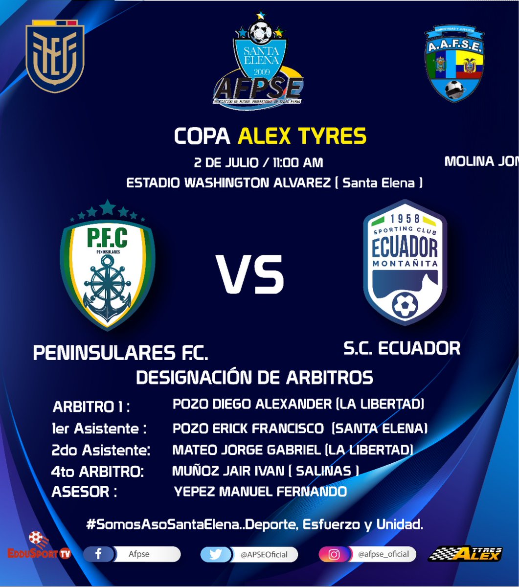- Designaciones de Árbitros y Asesores para la Jornada de hoy Sábado 02/Julio en Ancón..

- 7ma. Fecha / Grupo #2 ⚽⚽⚽

- XXIV Campeonato Provincial  de 2da. Categoría 2022 COPA ÁLEX TYRES

- #SomosAsoSantaElena... Deporte, Esfuerzo y Unidad
