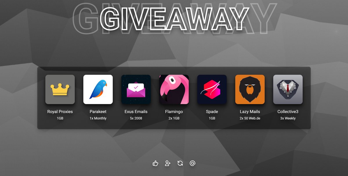 Giveaway!!🎉

Like❤️
Retweet♻️
Follow👇

5x 2008 Mails @ExusEmails
1GB @RoyalProxiesio
1x Monthly @ParakeetIO
2x 1GB @FlamingoProxies
1x 1GB @Spade_Proxies
2x 50 Web .de mails @LazyMails
3x Weekly @cllctv3