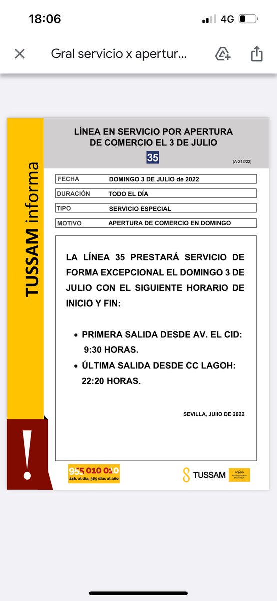 Ayto_Sevilla's tweet photo. 🚌 Servicio excepcional de la línea 35 de #Tusssam mañana domingo, para atender la demanda por la apertura del centro comercial Lagoh:
🔸 Primera salida desde El Cid a las 9:30 horas.
🔸 Última salida desde el centro comercial a las 22:20 horas. https://t.co/uL4SOnaDqU