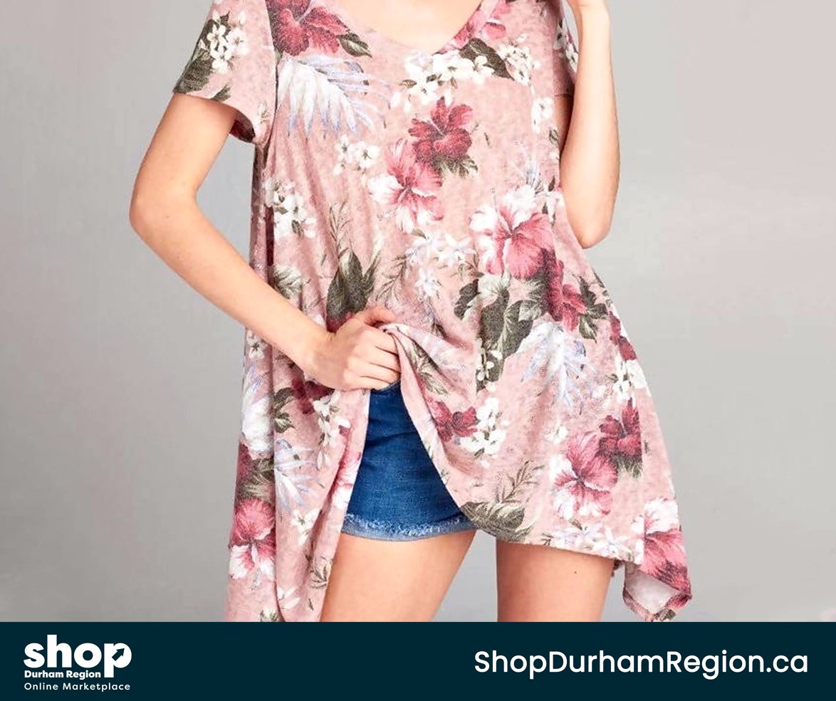 ShopDurhamON's tweet photo. Make room in your summer wardrobe for this stunning floral printed tunic from Leg Smart Canada, featuring a shape-flattering shark-bite hem. Available in multiple colours, get yours now on Shop Durham Region!🌸 #ShopInDurham #FashionFriday 🛒https://t.co/OmBuFRFPmt https://t.co/kTzvi5lT6G