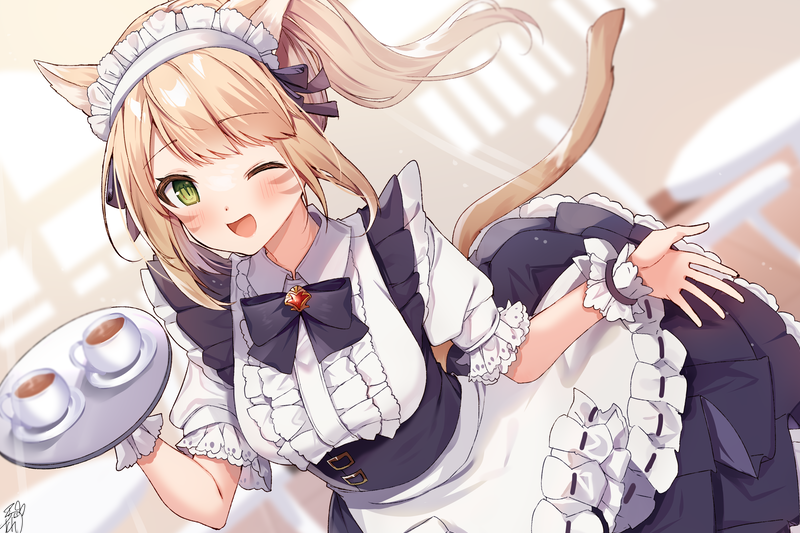 avatar (ff14) 1girl miqo'te one eye closed animal ears tail solo maid  illustration images
