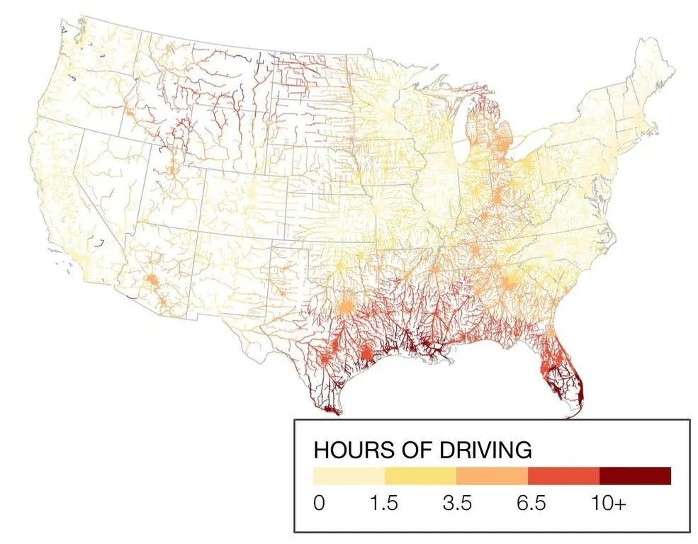 simongerman600's tweet photo. Sometimes a simple drive time map falls into the breaking news category. How far you need to drive to access an abortion clinic across the lower 48? Source: https://t.co/7meu8k7jdd https://t.co/2zGCQOWsYY