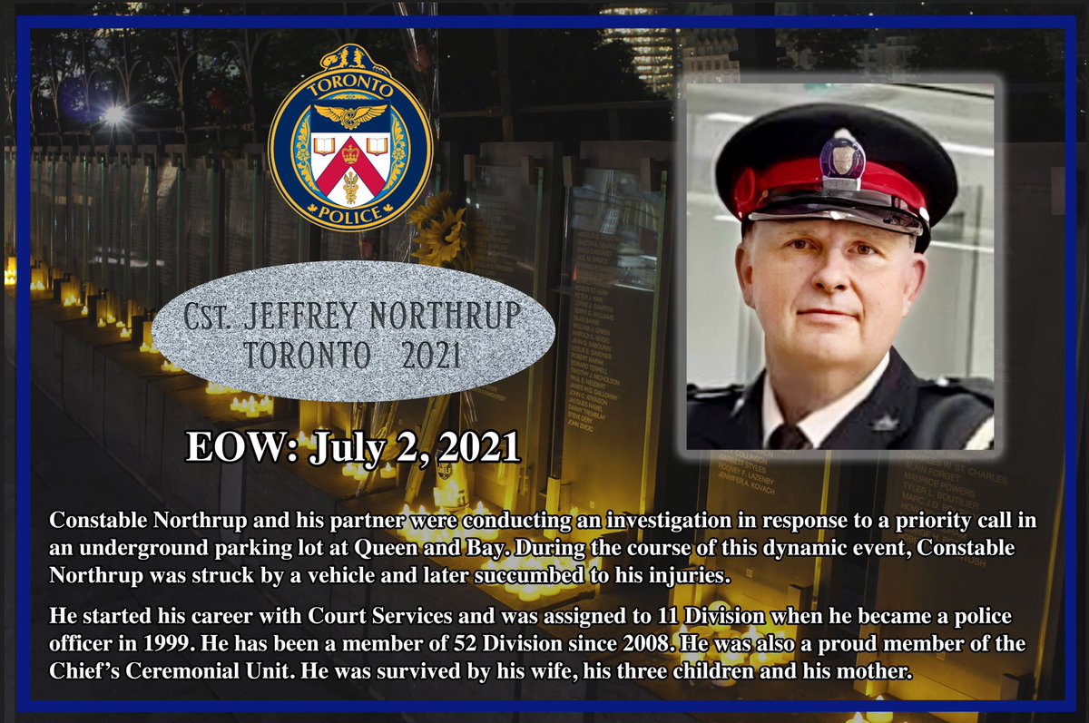Today, we remember Constable Jeffrey Northrup. One year ago today, he & his partner were responding to a priority call in the Nathan Phillips Square parking lot when he was struck by a vehicle & killed.

We remember those who gave their lives in service of others. #HeroesInLife