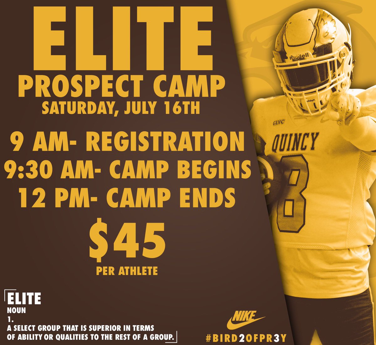We are only two weeks away from our July Elite Prospect camp. If you haven’t already signed up make sure you do so today at the link below! quincyfootballcamps.com/events.cfm