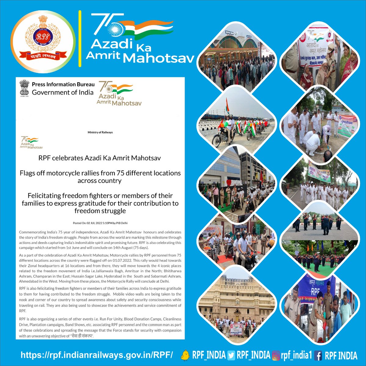 Celebration of #AzadiKaAmritMahotsav by <a href="/RPF_INDIA/">RPF INDIA</a>, -felicitating freedom fighters, motorcycle rallies from 75 locations to converge in Delhi, awareness through mobile video walls, unity run, blood donation, tree plantation, band shows and Jal Sewa
#YashoLabhasv
<a href="/RailMinIndia/">Ministry of Railways</a>