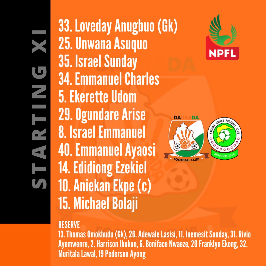 Dakkada_FC's tweet photo. Here is our starting XI vs @fckatsinaunited 

#DAKKAT
#NPFL22 https://t.co/Z0CFdMYSZ6