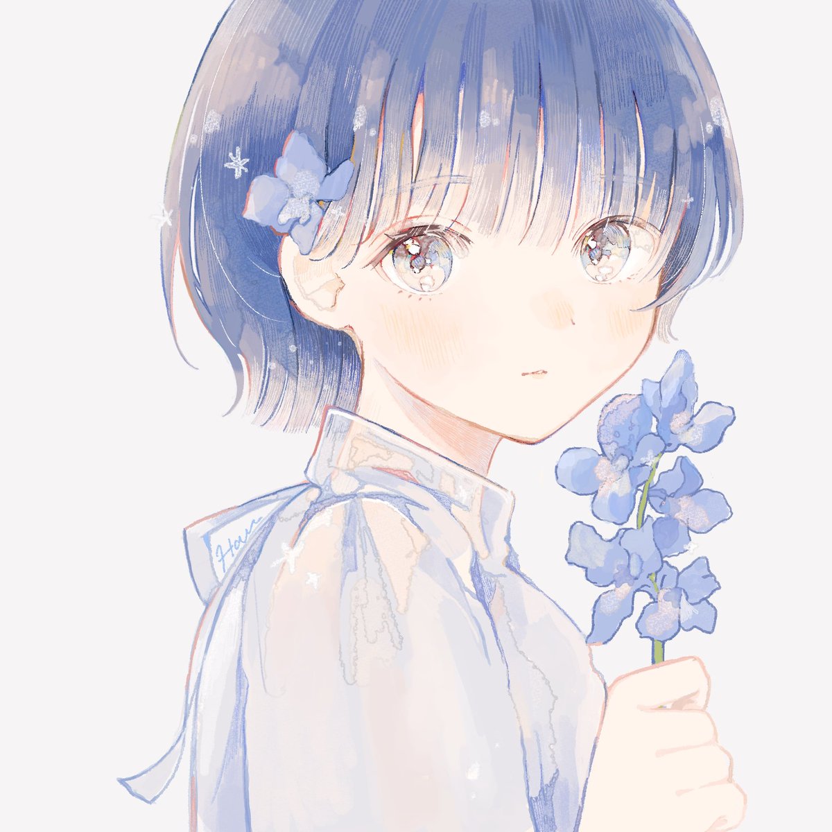 1girl solo flower blue hair white background short hair holding  illustration images