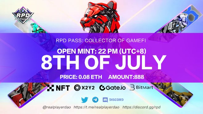 EthJasper's tweet photo. 🎖️ @realplayerdao, the first task platform of #GameFi has announced the mint date of the RPD Pass #NFTs!
👉Mint your RPD Membership #NFT on the 8th of July (Code: 0708)
⚡️Some big exchanges backing this
📈Only 888 #NFTs, you will have to be quick!
#AD #Metaverse https://t.co/eWhIquTok5