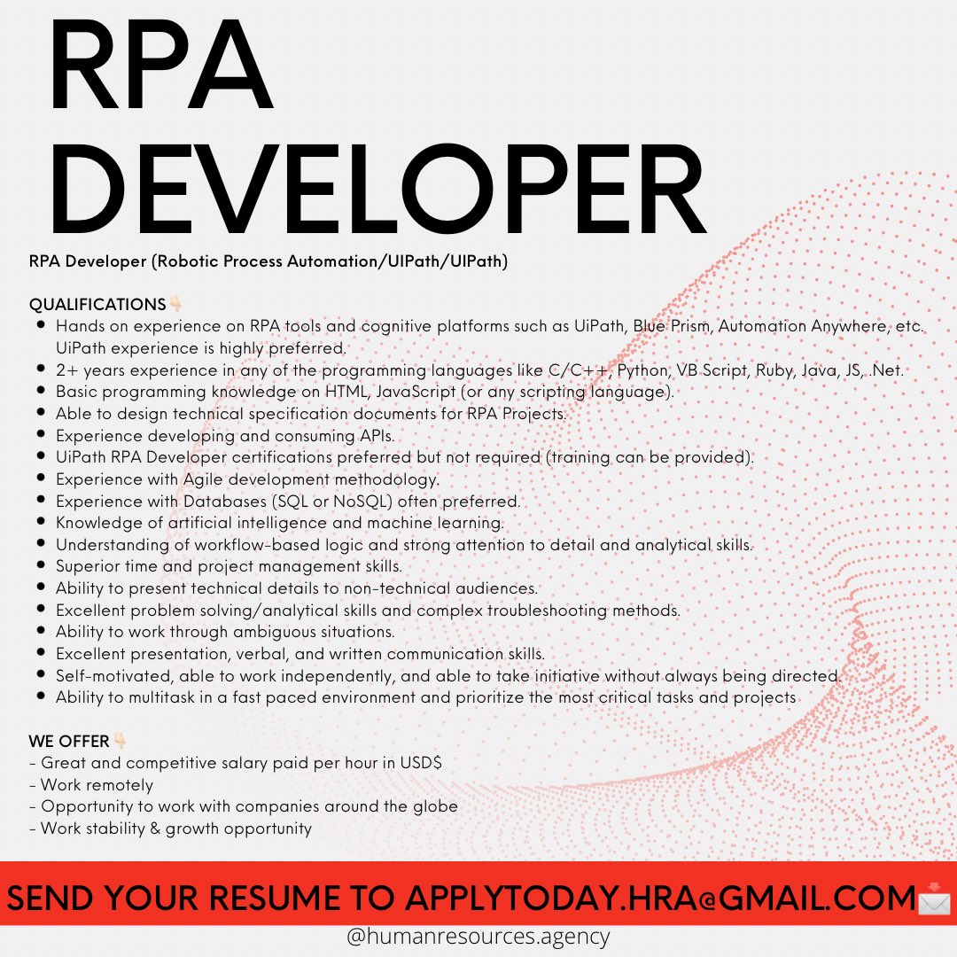 Looking for a job? APPLY NOW📲
📩 Send your resume to applytoday.hra@gmail.com

FOLLOW US TO GET JOB UPDATES📳
⚡️We are your best allied in HR.

#hragency #jobsearch #jobshiring #employment #remotejobs #developers #job #hr #resume #humanresouces #UiPath #rpa