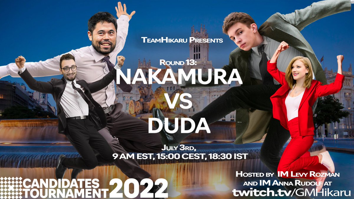 GMHikaru's tweet photo. Thrilled to have the dynamic duo of @anna_chess and @gothamchess tomorrow for the penultimate day of the #FIDECandidates . Nostalgia abounds seeing them together on my channel as they were crucial in making tournament coverage work on gmhikaru. Welcome back Anna and Levy! 🍍 https://t.co/Bmc6E9w9e1